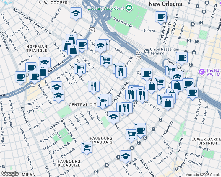 map of restaurants, bars, coffee shops, grocery stores, and more near 1813 South Liberty Street in New Orleans