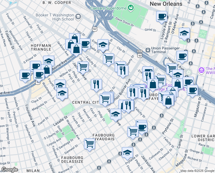 map of restaurants, bars, coffee shops, grocery stores, and more near 1813 South Liberty Street in New Orleans