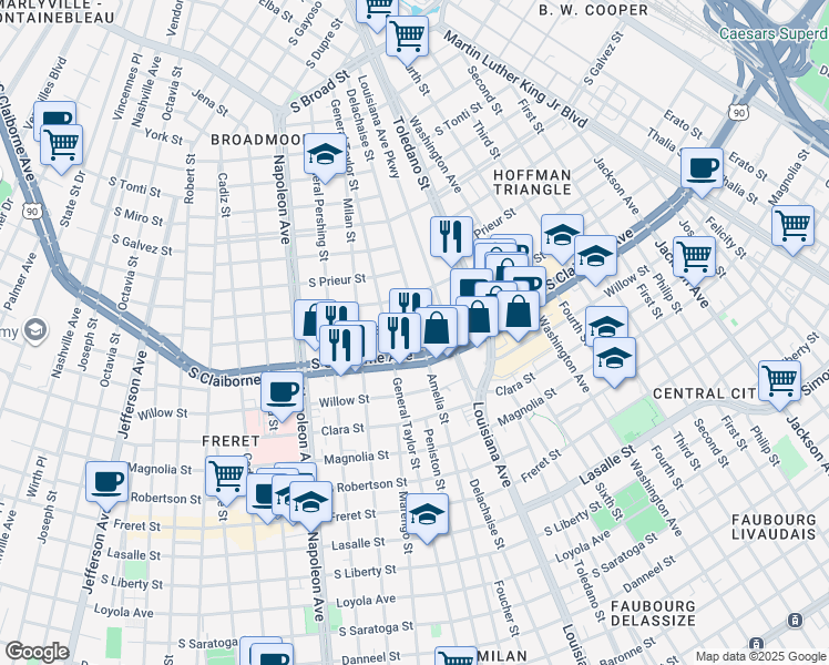map of restaurants, bars, coffee shops, grocery stores, and more near 3022 Delachaise Street in New Orleans