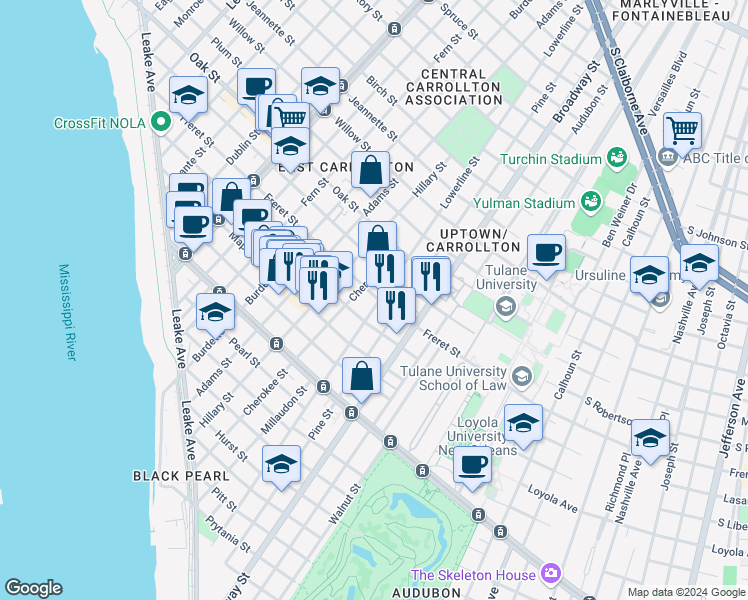 map of restaurants, bars, coffee shops, grocery stores, and more near in New Orleans