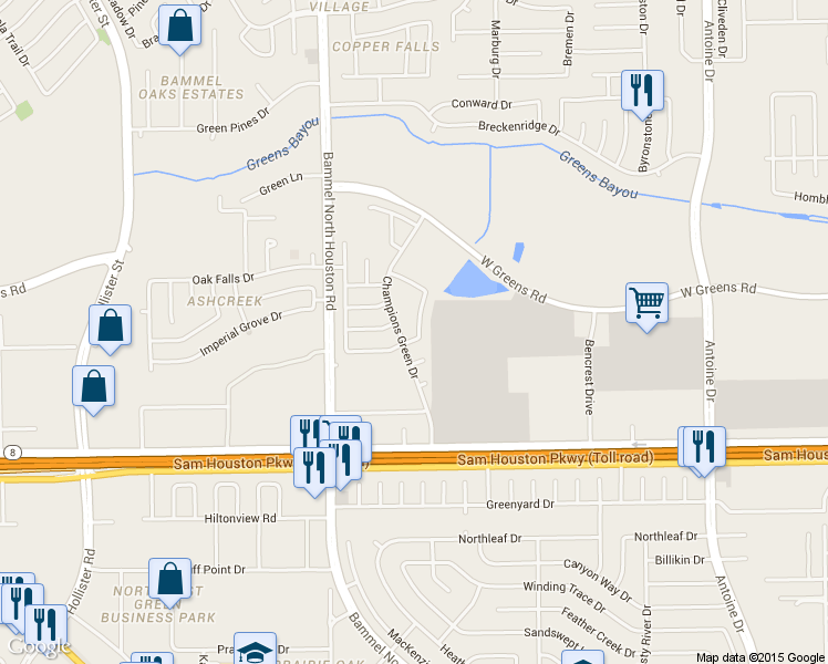 map of restaurants, bars, coffee shops, grocery stores, and more near 5010 Dartmoor Ridge Trail in Houston
