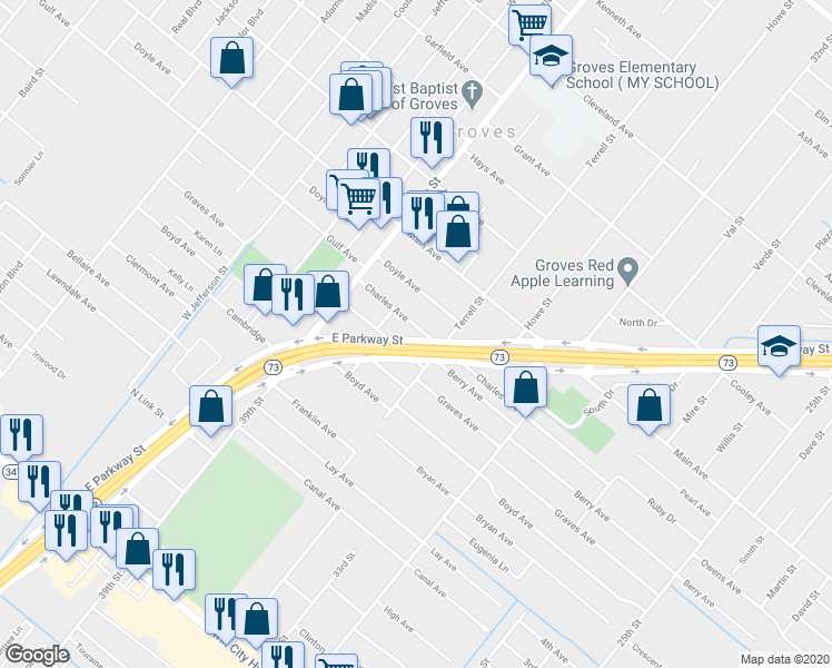 map of restaurants, bars, coffee shops, grocery stores, and more near 3747 Charles Avenue in Groves