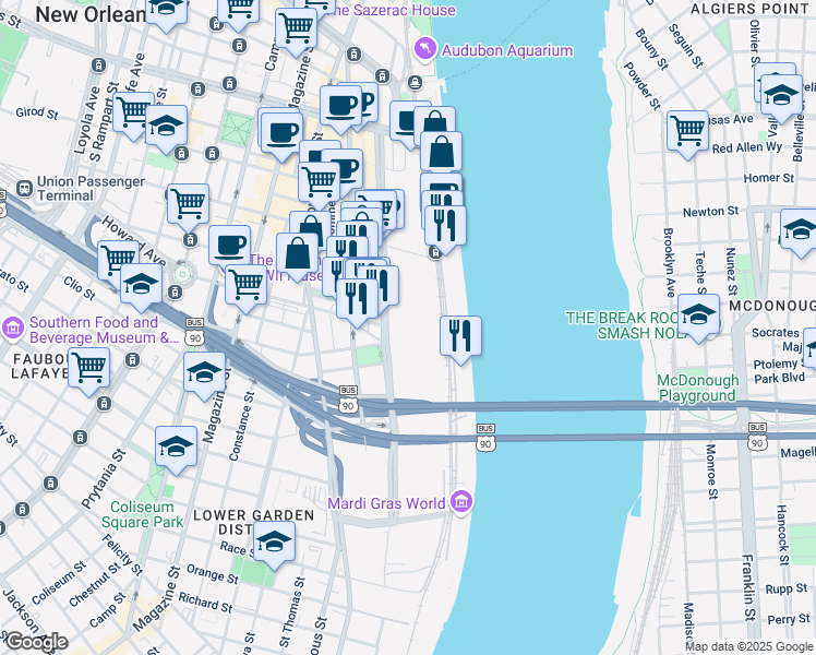 map of restaurants, bars, coffee shops, grocery stores, and more near 900 Convention Center Boulevard in New Orleans