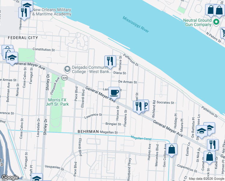 map of restaurants, bars, coffee shops, grocery stores, and more near 1300 Odeon Avenue in New Orleans