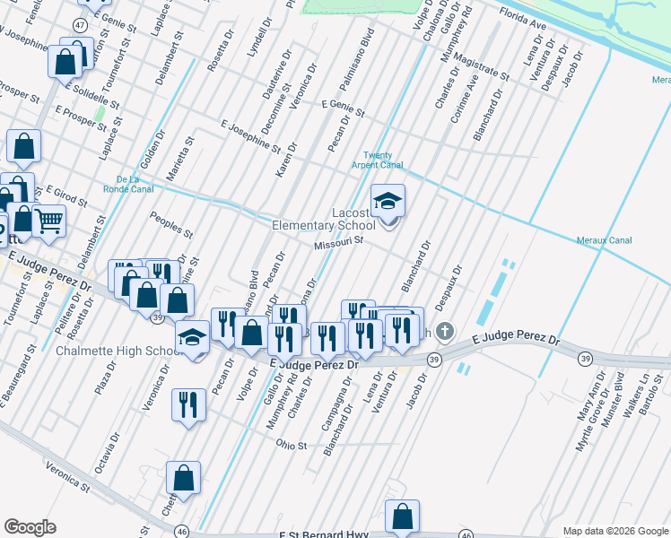 map of restaurants, bars, coffee shops, grocery stores, and more near 2908 Gallo Drive in Chalmette