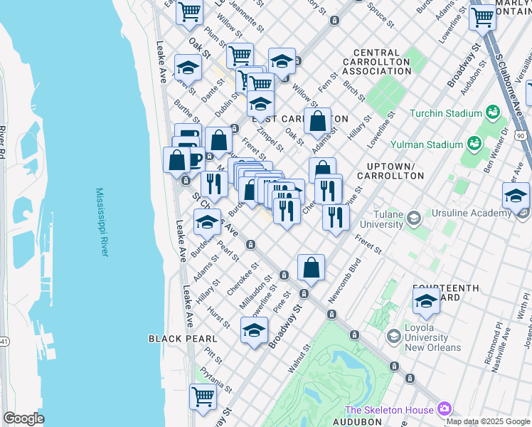 map of restaurants, bars, coffee shops, grocery stores, and more near 7611 Maple Street in New Orleans