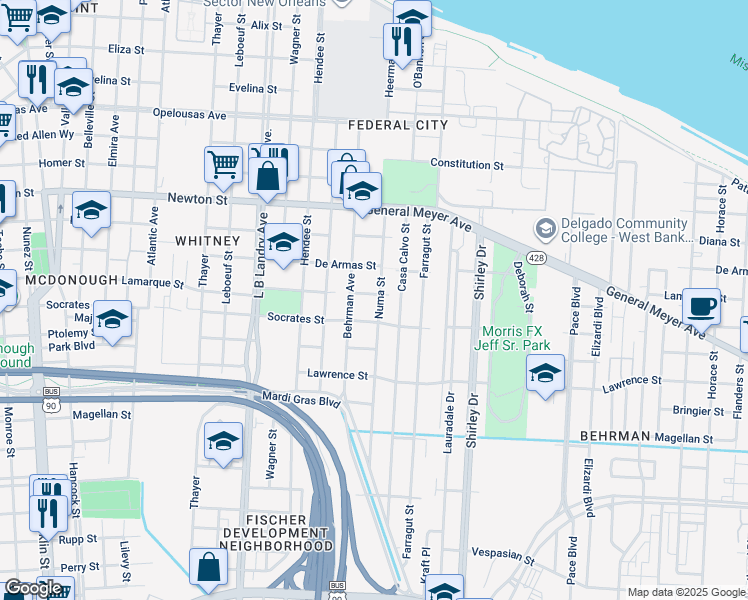 map of restaurants, bars, coffee shops, grocery stores, and more near 1307 Numa Street in New Orleans