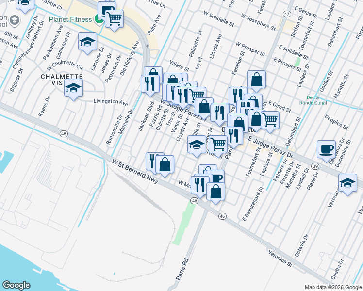 map of restaurants, bars, coffee shops, grocery stores, and more near 2320 Stander Place in Chalmette