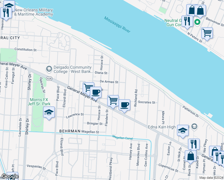 map of restaurants, bars, coffee shops, grocery stores, and more near 1241 Terry Street in New Orleans