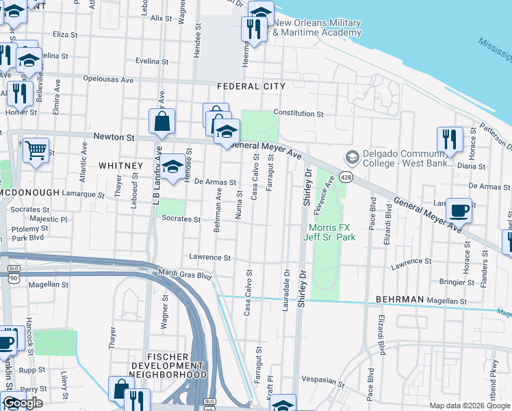 map of restaurants, bars, coffee shops, grocery stores, and more near 1244 Casa Calvo Street in New Orleans