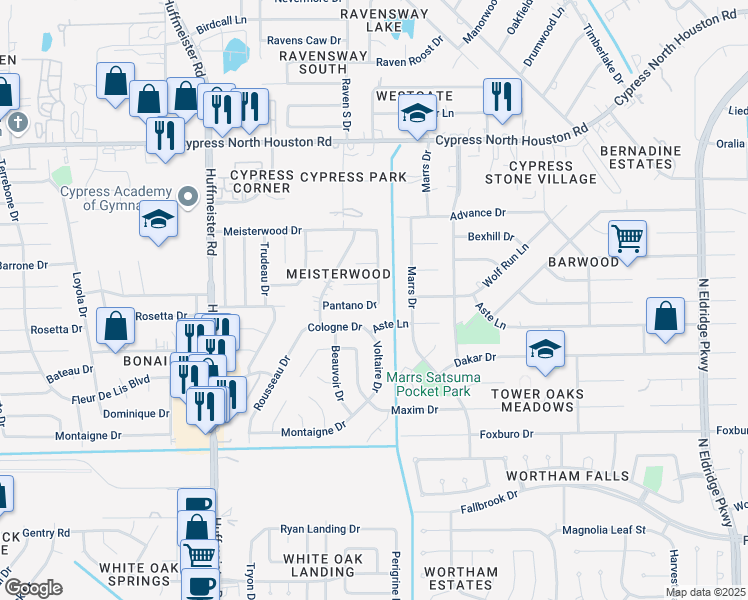 map of restaurants, bars, coffee shops, grocery stores, and more near 11507 Fallwood Drive in Houston