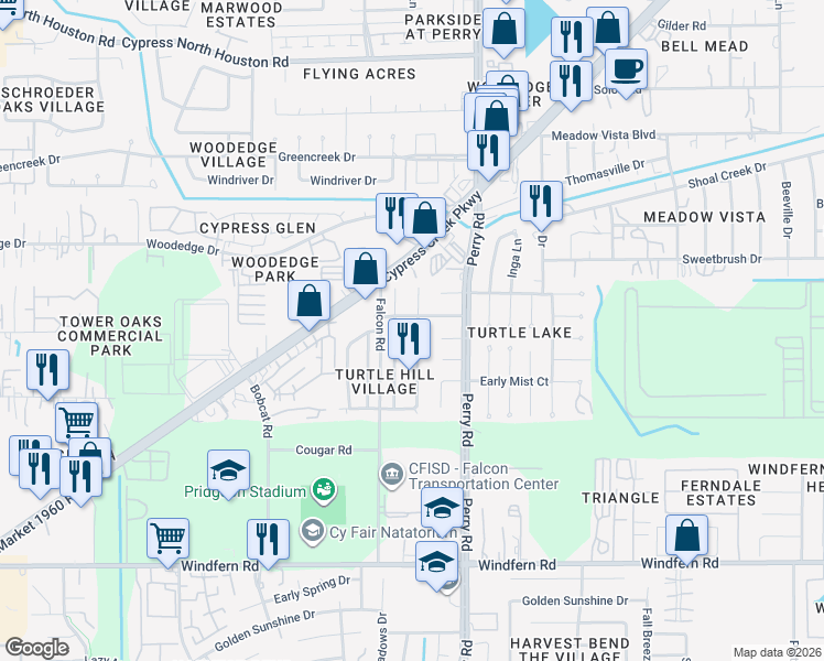 map of restaurants, bars, coffee shops, grocery stores, and more near 11631 Henley Drive in Houston