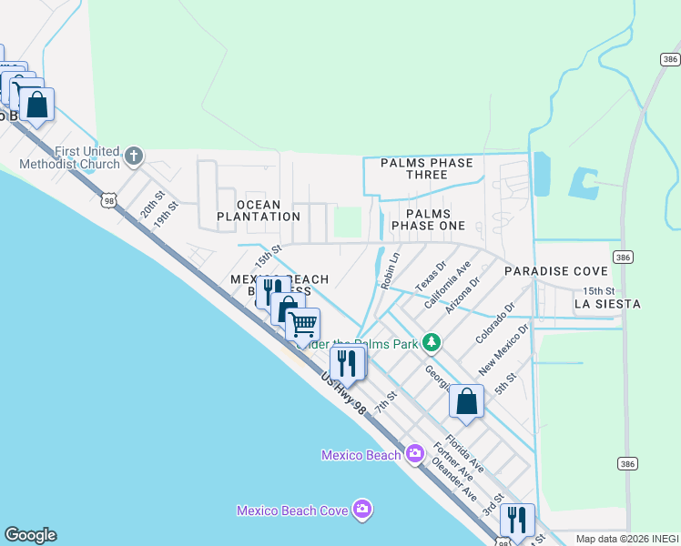 map of restaurants, bars, coffee shops, grocery stores, and more near 305 Hatley Drive in Mexico Beach