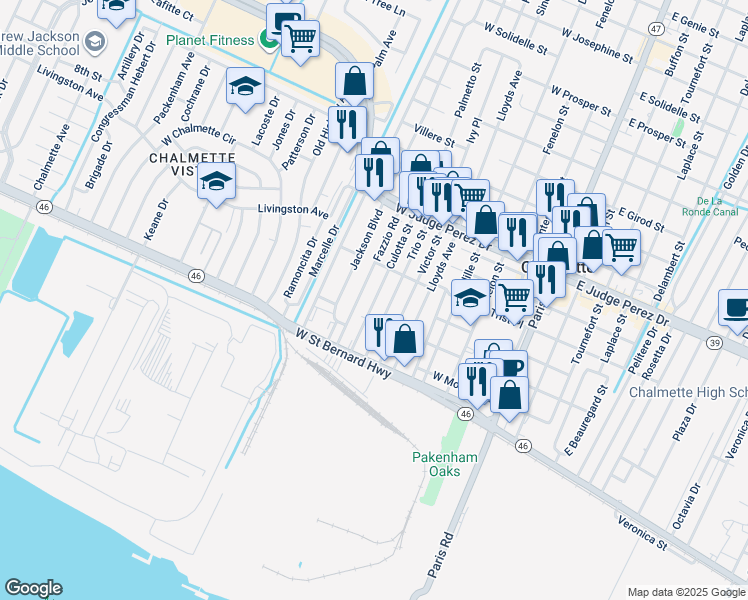 map of restaurants, bars, coffee shops, grocery stores, and more near 2216 Culotta Street in Chalmette