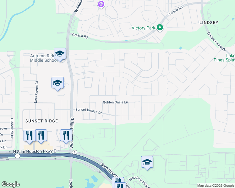 map of restaurants, bars, coffee shops, grocery stores, and more near 15211 Davan Springs Drive in Humble