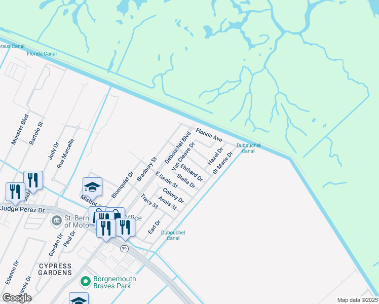 map of restaurants, bars, coffee shops, grocery stores, and more near 4420 Olive Drive in Meraux