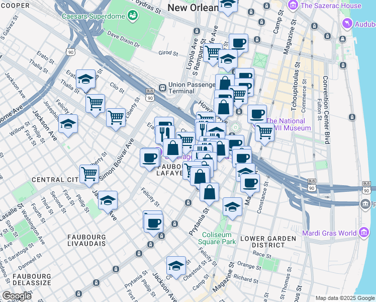 map of restaurants, bars, coffee shops, grocery stores, and more near 1730 Erato Street in New Orleans