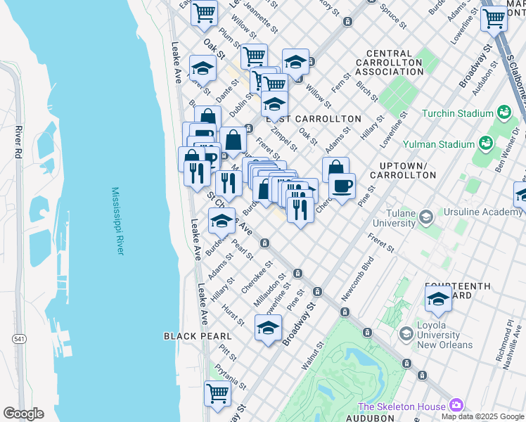 map of restaurants, bars, coffee shops, grocery stores, and more near 7719 Hampson Street in New Orleans
