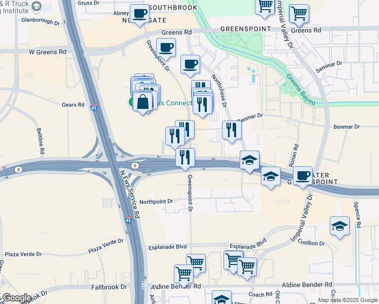 map of restaurants, bars, coffee shops, grocery stores, and more near Greenspoint Drive in Houston