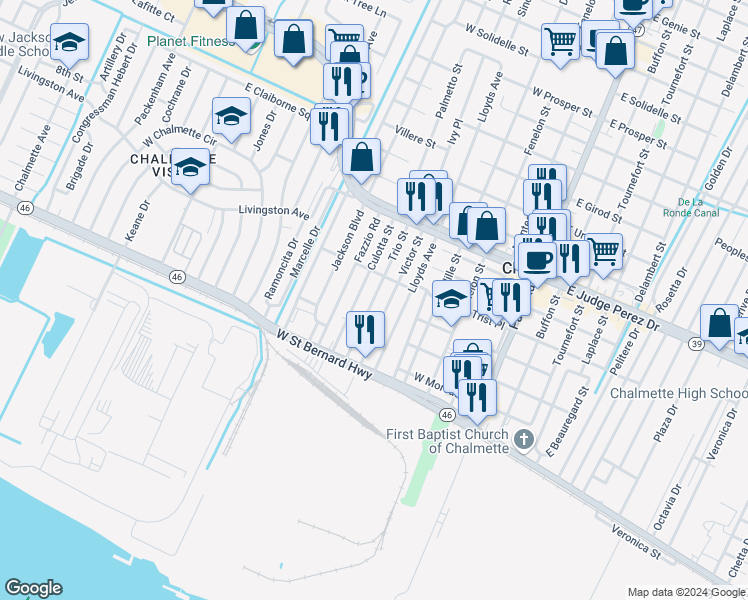 map of restaurants, bars, coffee shops, grocery stores, and more near 2224 Victor Street in Chalmette