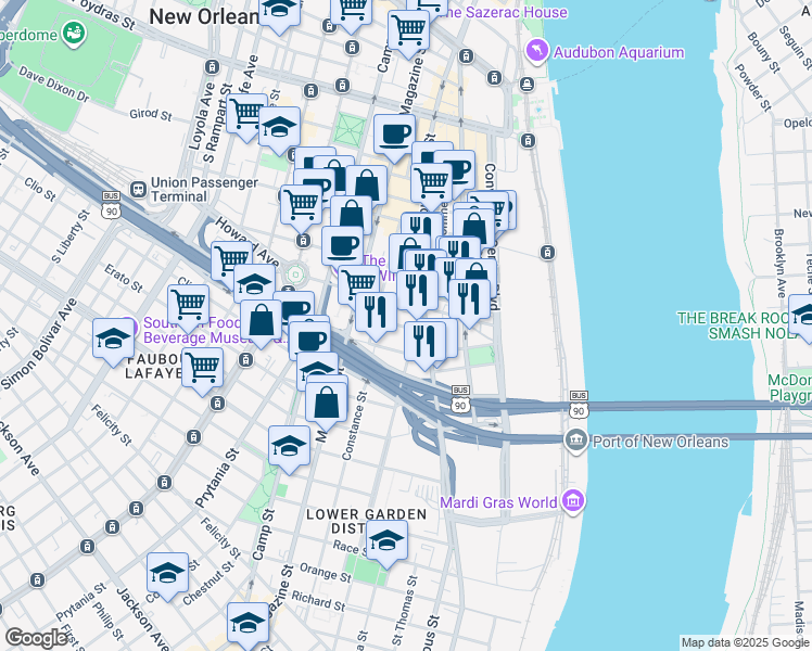 map of restaurants, bars, coffee shops, grocery stores, and more near 1014 Annunciation Street in New Orleans