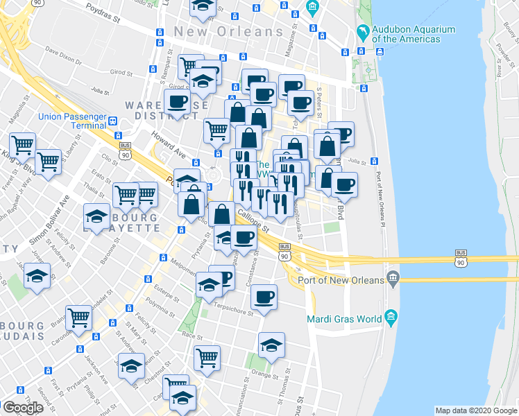 map of restaurants, bars, coffee shops, grocery stores, and more near 920 Poeyfarre Street in New Orleans
