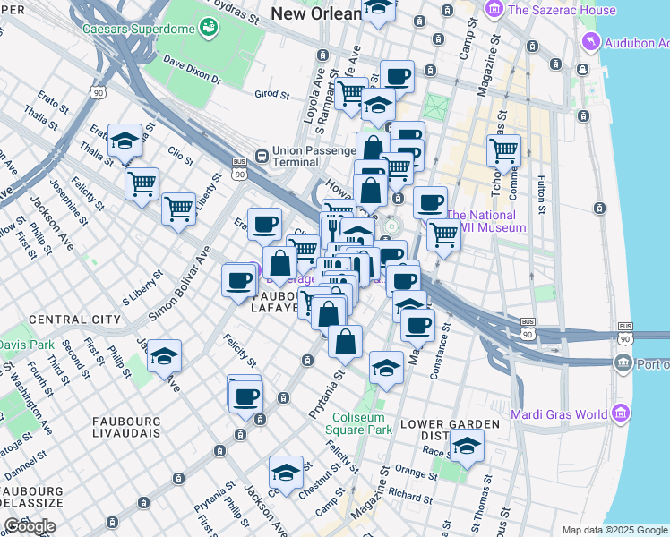 map of restaurants, bars, coffee shops, grocery stores, and more near 1220 Carondelet Street in New Orleans