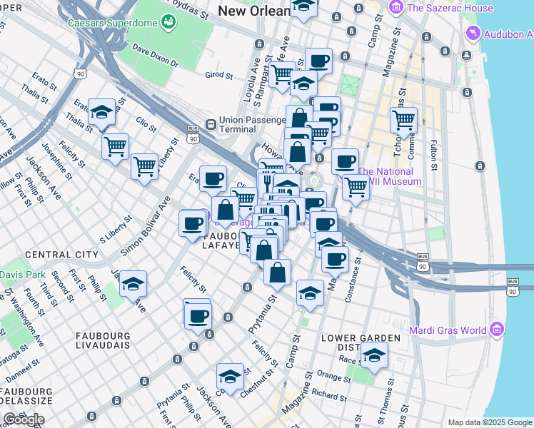 map of restaurants, bars, coffee shops, grocery stores, and more near 1220 Carondelet Street in New Orleans