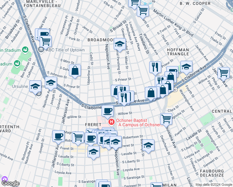 map of restaurants, bars, coffee shops, grocery stores, and more near 3101 Napoleon Avenue in New Orleans