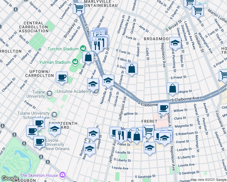 map of restaurants, bars, coffee shops, grocery stores, and more near 2936 Octavia Street in New Orleans