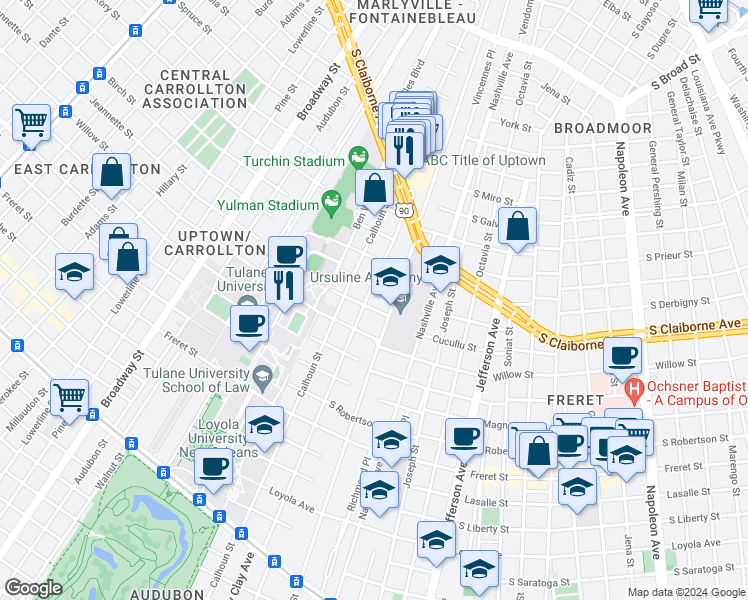map of restaurants, bars, coffee shops, grocery stores, and more near 2604 Palmer Avenue in New Orleans