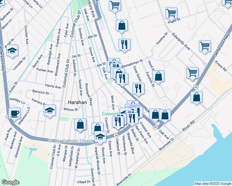 map of restaurants, bars, coffee shops, grocery stores, and more near 431 West Avenue in Harahan
