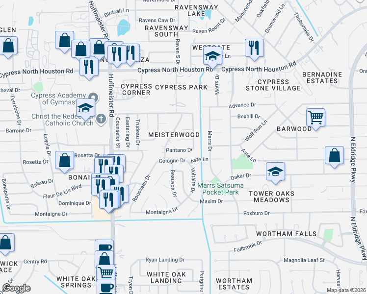 map of restaurants, bars, coffee shops, grocery stores, and more near 11507 Fallwood Drive in Houston