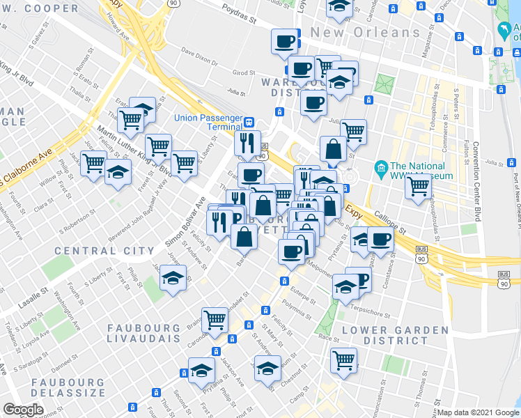 map of restaurants, bars, coffee shops, grocery stores, and more near 1827 Thalia Street in New Orleans