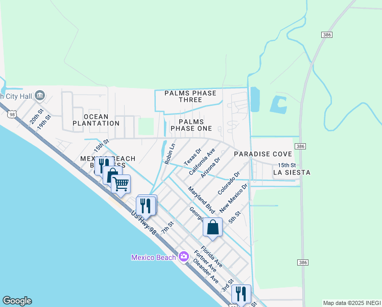 map of restaurants, bars, coffee shops, grocery stores, and more near 413 Texas Drive in Mexico Beach