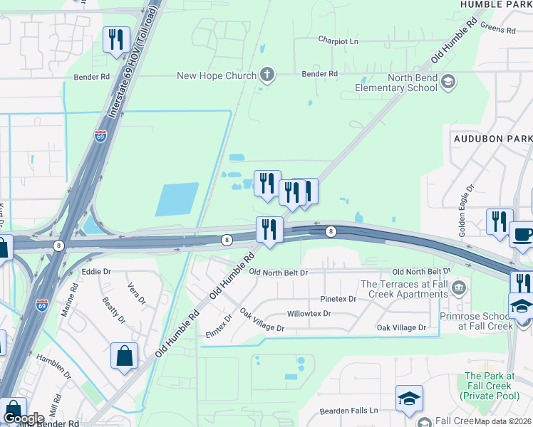 map of restaurants, bars, coffee shops, grocery stores, and more near 15135 Manor Way in Humble