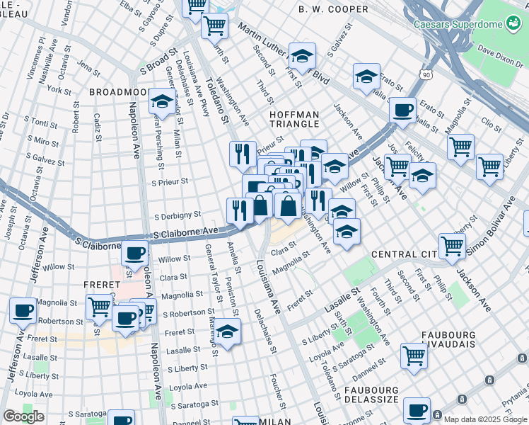 map of restaurants, bars, coffee shops, grocery stores, and more near South Claiborne Avenue & Toledano Street in New Orleans
