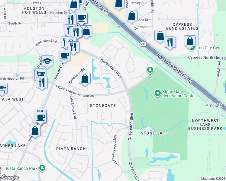 map of restaurants, bars, coffee shops, grocery stores, and more near 16619 Shorecrest Drive in Houston