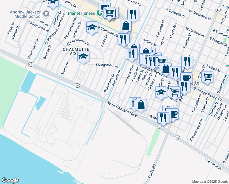 map of restaurants, bars, coffee shops, grocery stores, and more near Courthouse Square in Chalmette