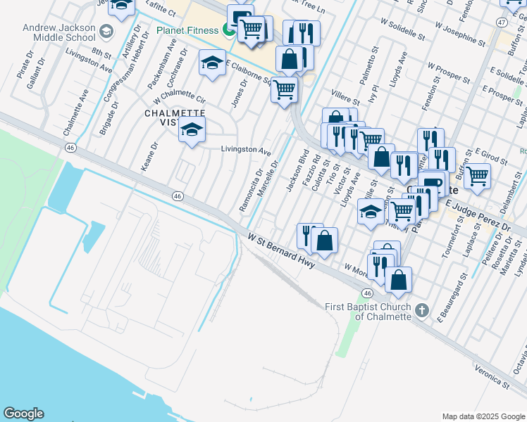 map of restaurants, bars, coffee shops, grocery stores, and more near Courthouse Square in Chalmette