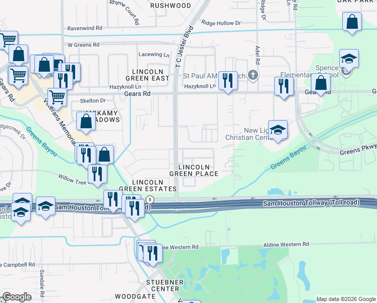 map of restaurants, bars, coffee shops, grocery stores, and more near 1919 Tomlinson Trail Drive in Houston