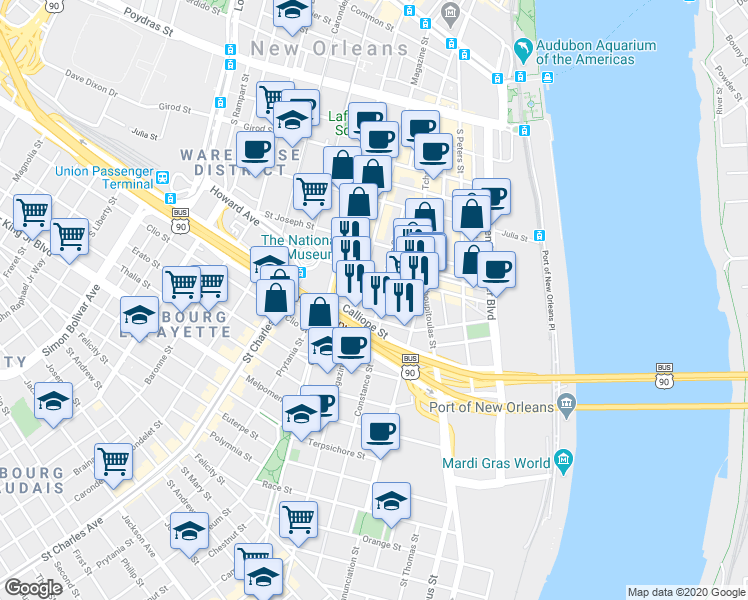map of restaurants, bars, coffee shops, grocery stores, and more near 920 Poeyfarre Street in New Orleans