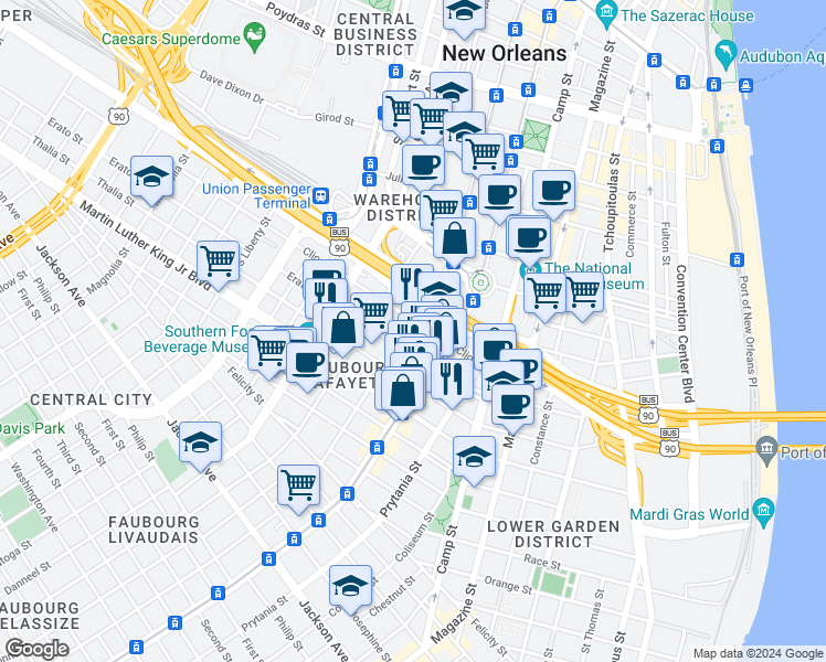 map of restaurants, bars, coffee shops, grocery stores, and more near 1220 Carondelet Street in New Orleans