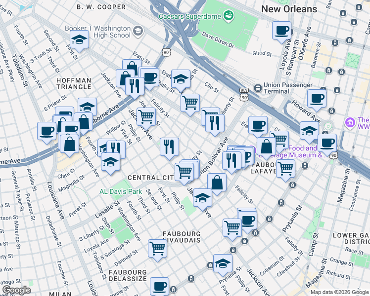map of restaurants, bars, coffee shops, grocery stores, and more near 2408 Josephine Street in New Orleans