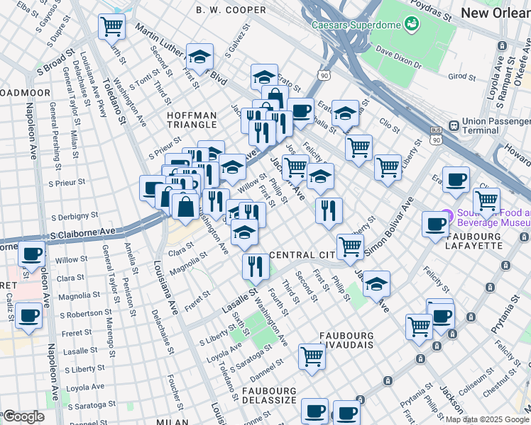 map of restaurants, bars, coffee shops, grocery stores, and more near 2424 Magnolia Street in New Orleans