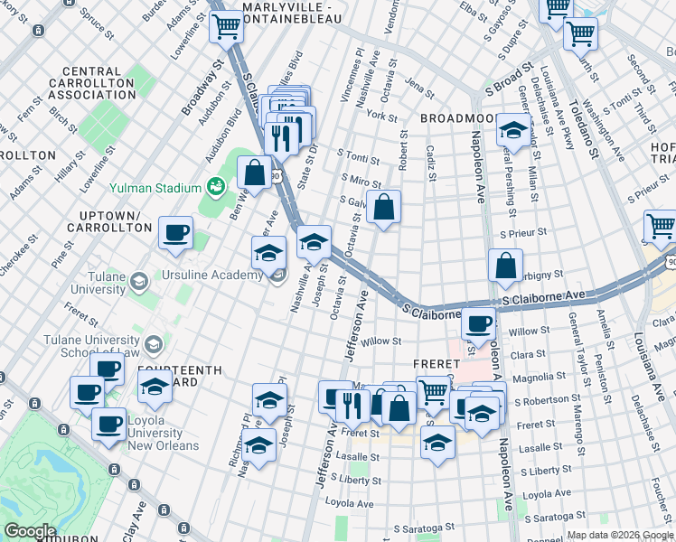 map of restaurants, bars, coffee shops, grocery stores, and more near 2936 Octavia Street in New Orleans