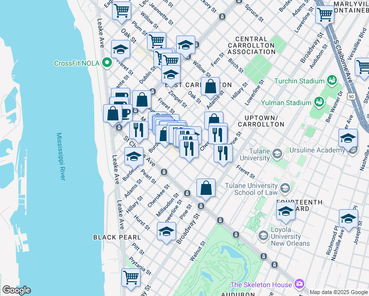 map of restaurants, bars, coffee shops, grocery stores, and more near 7611 Maple Street in New Orleans