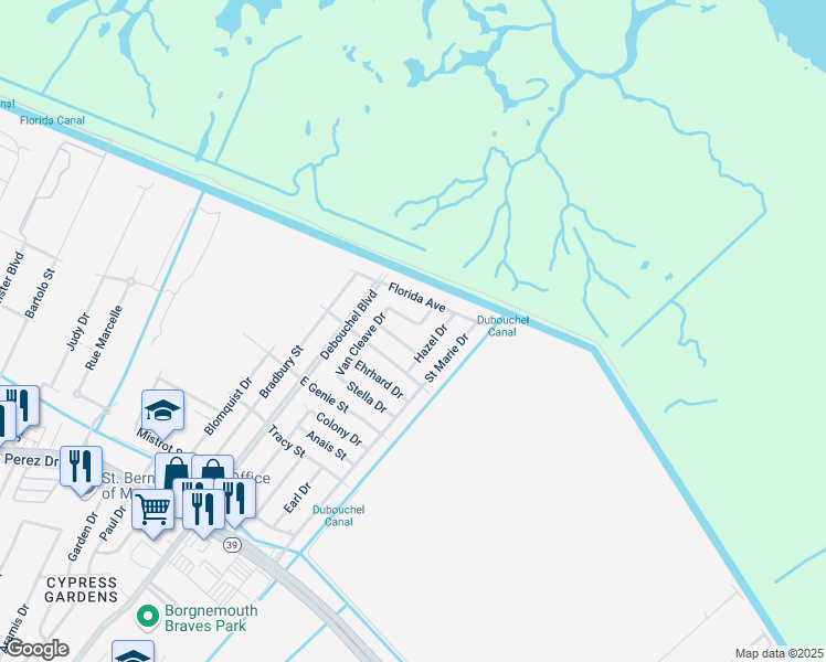 map of restaurants, bars, coffee shops, grocery stores, and more near 4420 Olive Drive in Meraux
