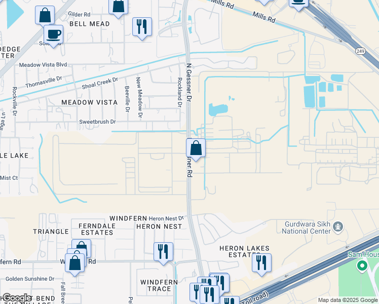 map of restaurants, bars, coffee shops, grocery stores, and more near 11770 North Gessner Road in Houston