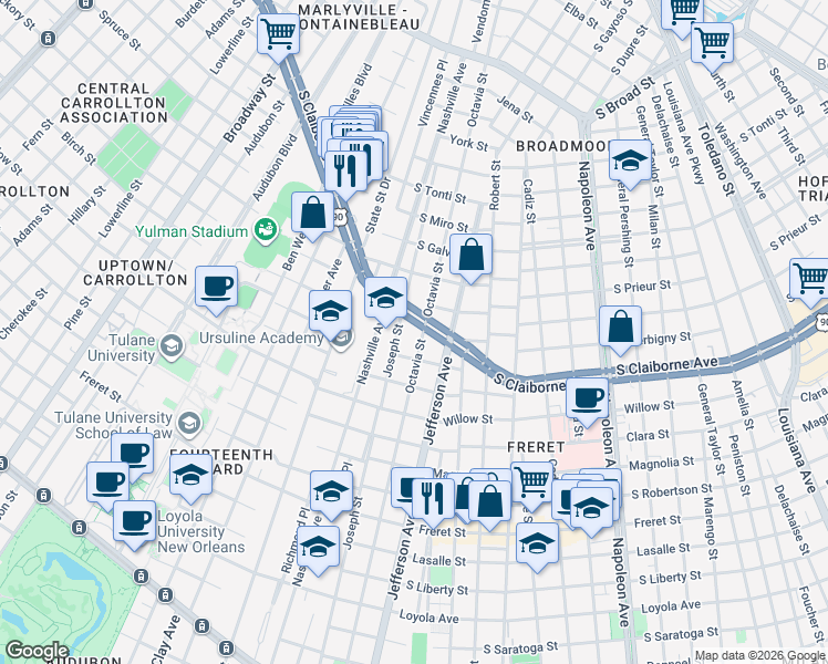 map of restaurants, bars, coffee shops, grocery stores, and more near 2936 Octavia Street in New Orleans